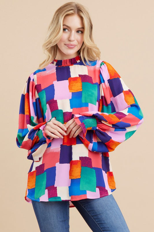 Multicolor Patch Peasant Sleeve Top