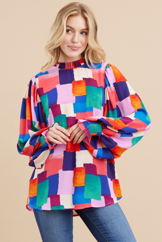 Multicolor Patch Peasant Sleeve Top