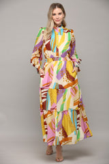 Abstract Print Button Front Dress