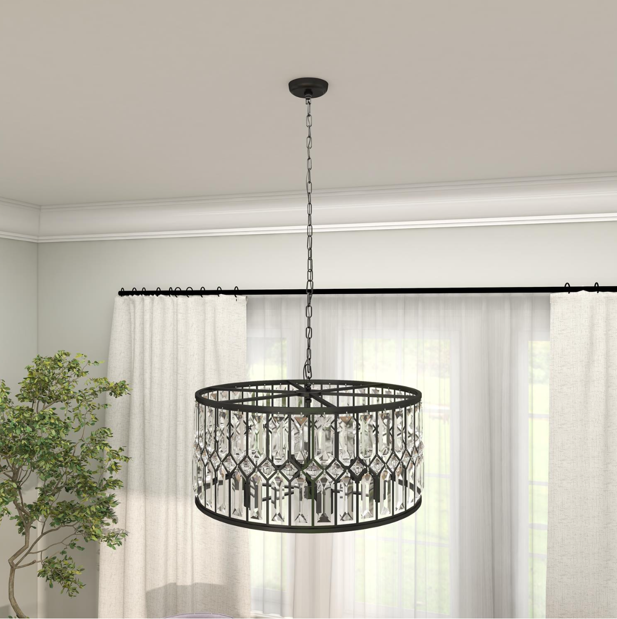 Black Metal Crystal Embellished 6 Light Chandelier With Link Style Chain. 24"x24"x13"