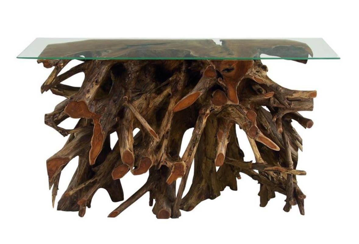 Brown Teak Wood Tree Stump Console Table