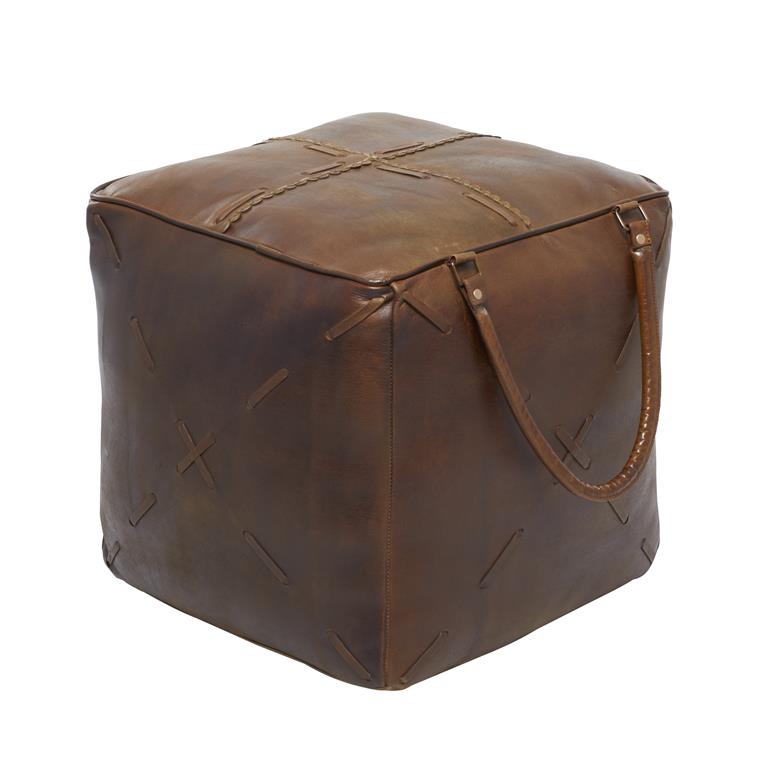 Brown Canvas Pouf w/ Leather Handles
