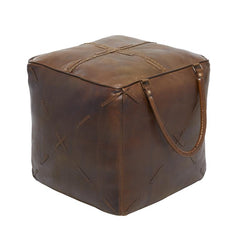 Brown Canvas Pouf w/ Leather Handles