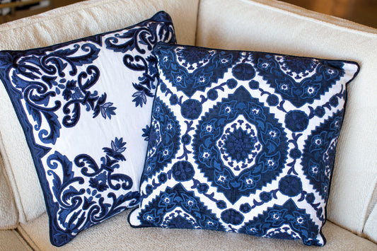 Royal Blue Velvet & Linen Embroidered Pillow - Open Print