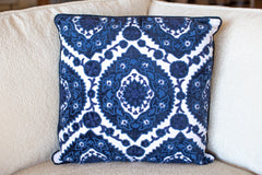 Royal Blue Velvet and Linen Embroidered Pillow