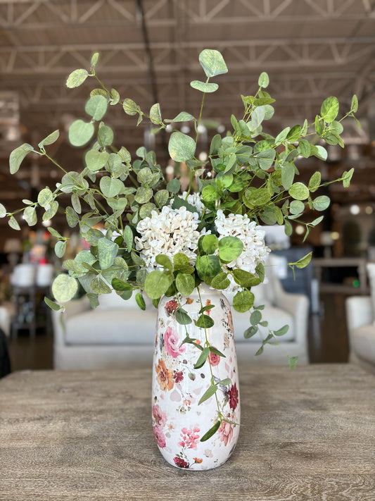 Elegant Blossom Vase with Eucalyptus and White Hydrangea Faux Flower Arrangement