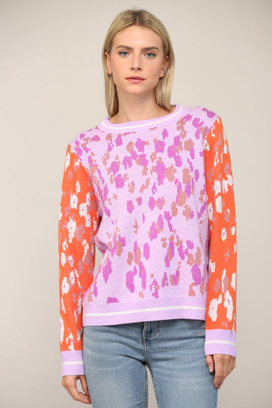 Lilac/Orange Animal Jacquard Knit Sweater