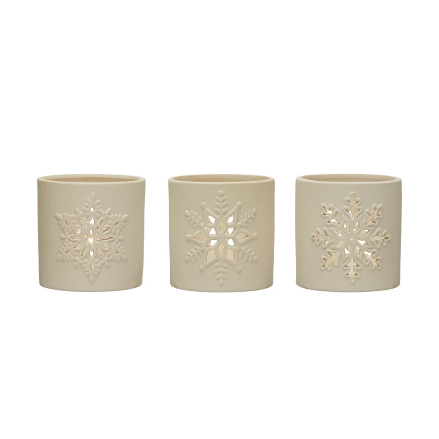 STONEWARE BISQUE TEALIGHT HOLDER W/ SNOWFLAKE CUT-OUT
